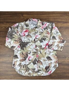 Via Condotti Florida 100% Cotton Floral Button Up Blouse Top Sz M Made in Canada